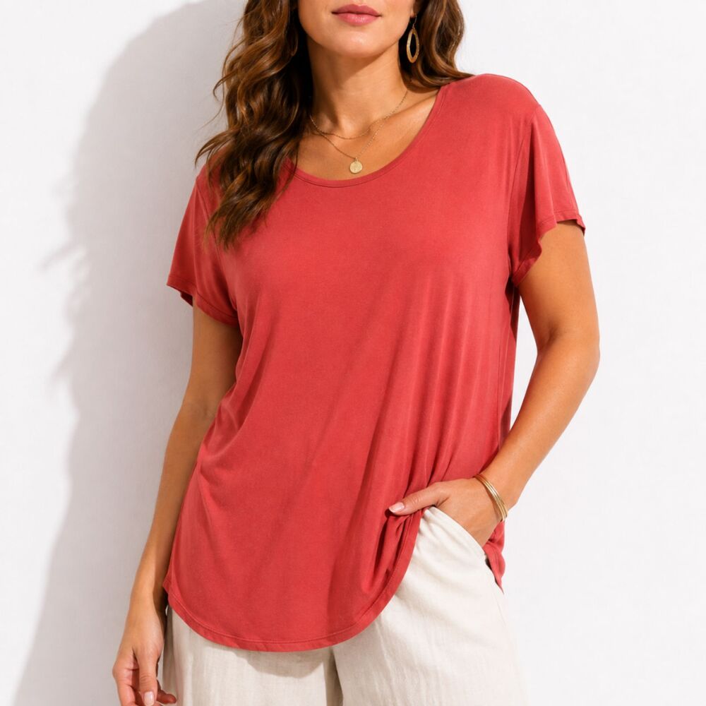 Joan Vass New York Women's Coral Pink Super Soft Stretch Knit Top Large